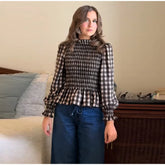 LIZAKOSHT - Elegant French Chic Blouse Shirt Pink Plaid Vintage Ruffles Long Lantern Sleeve Slim Casual Ladies Women Blouses Top Streetwear