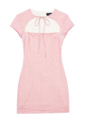 LIZAKOSHT - Spring/summer European and American Ladies' Short-sleeved Dresses with Small Plaid Pink Ribbons and Knotted Bows.