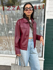 LIZAKOSHT - Chic Zipper Bomber Leather Jacket For Women Fashion Lapel Long Sleeve Cropped Jackets Autumn Female Commuting Streetwear