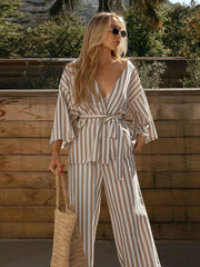 LIZAKOSHT - Striped Female Sleepwear Set Sexy Turn-Down Collar Pajama Long Sleeve Nightgown Pants Loose Casual Women Nightie Suit
