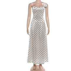 LIZAKOSHT - Summer Weird Puss Polka Dot Print 2 Piece Set Woman 3d Flower Decoration Low-Neck Backless Camisole+Long Skirts Ruched Set