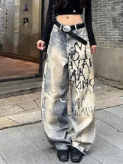 LIZAKOSHT - Y2K Letter Gradient Jeans Women Streetwear Fall American Vintage Denim Pants High Street Loose Straight Retro Wide Leg Trousers