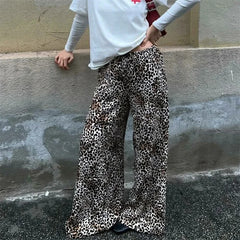 LIZAKOSHT - Leopard Pants y2k Clothes Women Sexy Drawstring Elastic Waist Wide Leg Loose Trousers Chic Fashion Clothes Streetwear