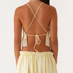 LIZAKOSHT - Women 2 Piece Set Summer Outfits Elegant Ladies Sleeveless Tie Front Camis Backless Crop Tops + Long Skirt Beachwear
