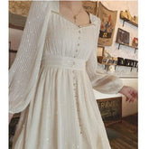 LIZAKOSHT  -  Women French Style Vintage Beaded Fairy Elegant Party Dresses Autumn Fashion Square Collar Long Sleeve Slim Midi Dress Vestidos