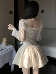 Lizakosht Sexy Slim Lace-up Mini Dress Women Bodycon V-neck Long Sleeve Spring French Elegant A-line Kawaii Birthday Party Vestidos Mujers