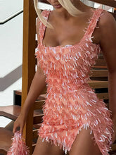 LIZAKOSHT  -  Fashion Tassel Short Dress For Women Square Collar Sleeveless Hip Package Side Split Vestidos 2025 Summer Female Sweet Dresses