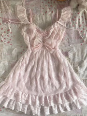 LIZAKOSHT - Sweet Gril Straps Dresses Women Clothes Summer Bow Lace Mini Dress Kawaii Cute Aesthetic Slim Y2k Cuteore Bohemian Short Dress