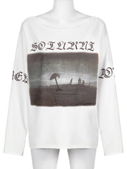 LIZAKOSHT - Casual Loose Printed T Shirt Sporty Basic O-Neck Long Sleeve Tees Women Autumn Spring Fashion Streetwear Ladies