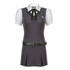 LIZAKOSHT - Dress Fake Two-Piece Contrasting Color Polo Collar Bow Belt American Preppy Style Female Slimming Hot Girl Short Skirt