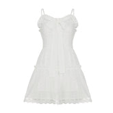 LIZAKOSHT - Ruched Lace Patchwork Sleeveless A-line Dress Lolita Style Holiday Party Bow Decorate Princess Mini Robe Sweet Outfit