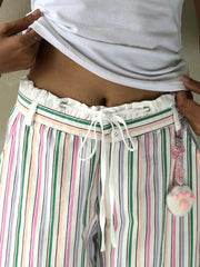 LIZAKOSHT - Y2k Chic Sweet Cute Lace Trim Colorful Stripe Pant All Match Loose Straight Leg Elastic Waist Trouser Kawaii Streetwear