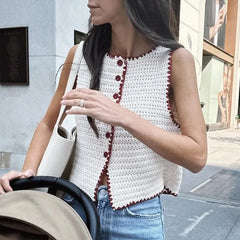 LIZAKOSHT - New Casual Round Neck Knitted Sleeveless Vest High Waisted Pants Casual Suit Cute Knitted Cardigan Tops Elastic Pants