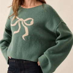 LIZAKOSHT - Coquette Womens Bow Sweater Loose Crew Neck Wide Long Sleeve Pullover Knit Tops Casual Streetwear for Spring Fall Aesthetic