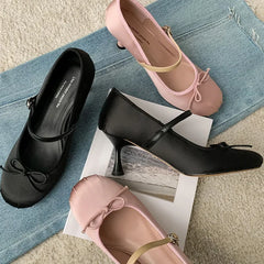LIZAKOSHT - Designer Round Toe High Heels Women Ballet Shoes Satin Luxury Party Dress Shoe Fashion Elegant Leisure Bow Sweet Mary Jane Shoes