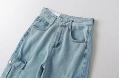 LIZAKOSHT - Retro Washed Workwear High Wasit Straight Casual Jeans Women Boyfriend Mom Pockets Cargo Denim Pants Jeans