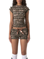 LIZAKOSHT - Fashion Pleated Women's Two Piece Suit O-neck Sleeveless Backless Top Loose Bow Short Pants 2025 Summer Female Causal Outfits