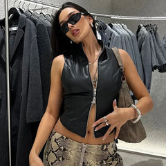 LIZAKOSHT - Black PU Leather Vests Women Fashion Turn Down Collar Sleeveless Zip-up Slim Crop Tank Top All Matching Streetwear Casual Outfit