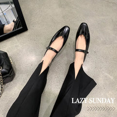 LIZAKOSHT - Shallow Mouth Mary Jane Shoes Women's Flat Shoes Ladies French Retro Single Shoes Buckle Leather Loafers Women