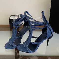 LIZAKOSHT - Sexy Thin High Heels Women Sandals Design Style Denim Button Ankle Lace-up Shoes Summer Gladiator Pumps