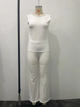 LIZAKOSHT - Summer Knitted Beach Sexy Two Piece Sets White Casual Lace Up Backless Outfit Sexy Slant Neck Sleeveless Top with Long Pants Set