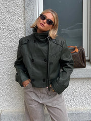 Lizakosht Double Breasted Army Green Pockets Short Jacket for Women Winter Autumn Casual Streetwear Short Trench Windbreak