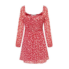 LIZAKOSHT  -  European and American Style Square Collar Lace Floral Dress Spring and Summer New High Waist Slim A Short Skirt Women