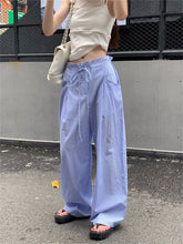 LIZAKOSHT - Blue Stripes Women Pants Fashion New Loose All Match Daily Thin Wide Leg Autumn Casual 2023 Office Lady Streetwear