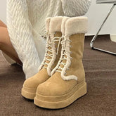 LIZAKOSHT - Winter y2k lace-UP Platform Boots Women Shoes Keep Warm Khaki Wedges Heels Mid-calf Snow Boots