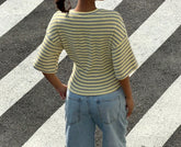 LIZAKOSHT - Striped T-shirt Women's Summer Asian Fashion Waist Cinched Mid Sleeved Top Pullover