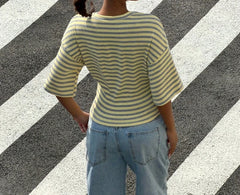 LIZAKOSHT - Striped T-shirt Women's Summer Asian Fashion Waist Cinched Mid Sleeved Top Pullover