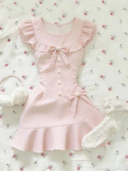 LIZAKOSHT - 2000s Harajuku Vintage Lolita Dress Y2k Japanese Kawaii Sweet Polka Dot Flying Sleeve Short Party Dress One Piece Dress Korean