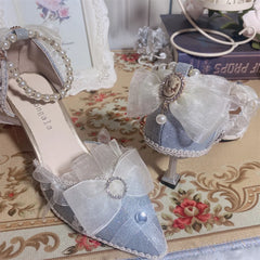 LIZAKOSHT - Pearl Chain Sweet Lace Bowknot Elegant Princess Pointed Sandals Lolita Shoes Silver Wedding Tea Party Cosplay Lolita Shoes