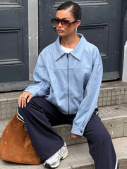 LIZAKOSHT - Lapel Long Sleeves Zipper Jacket Woman Straight Solid Color Casual Autumn Winter Coats Retro Street Fashion Women's New Jackets