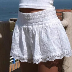 LIZAKOSHT - Hollow Out Shorts For Women Korean Style Elastic Waist Summer Clothing Chic White Sexy Beach Holiday Shorts Y2k Casual Streetwea