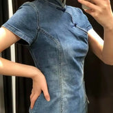 LIZAKOSHT - Y2k Chinese Style Denim T Shirt for Women Stand Collar Spring Summer Ropa De Mujer Solid Vintage Versatile Short Tees