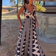 LIZAKOSHT - Women Pattern Print Big Swing A-line Dress All Match Female High Waist Long Dress Casual 2025 Suspender V Bohemian Dress Elegant