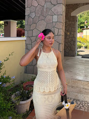 LIZAKOSHT - Fashion Crochet Women's Two Piece Set Halter Lace Up Hollow Out Vest Pattern Long Skirt 2025 Summer Knit Beach Ladies Outfits