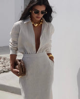 LIZAKOSHT - 2pcs Linen T Shirt+ Long Dress Suits Office Lady Long Sleeves Elegant Dress Suits Whin Summer High Waist Loose Uniform