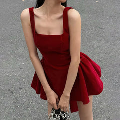 LIZAKOSHT - A-line Pleated Dress Party Holiday Red Backless Removable Bow Princess Dresses Coquette Aesthetic Mini Sundress Y2K