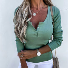 Lizakosht Autumn And Winter Women Solid Pullover Long Sleeve Slim Button T-shirt Top