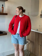 LIZAKOSHT - Chic Red Round Neck Loose Knitted Cardigan Women's Casual Single-breasted Long Sleeve Cropped Sweater Lady High Streetwear