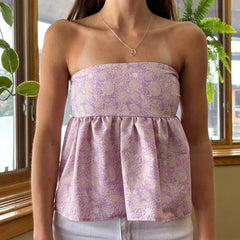 LIZAKOSHT - Cute Summer Tops Floral Print Strapless Bandeau 00s Backless Tie Up Bodydoll Crop Tube Tops Fairycore Y2K Kawaii Milkmaid Camis