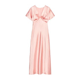 LIZAKOSHT - Elegant Satin Solid Long Dress Women V-neck Short Sleeve Pleated Female Party Dresses Summer Lady Chic Holiday Beach Robes