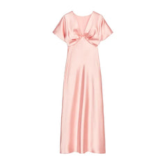 LIZAKOSHT - Elegant Satin Solid Long Dress Women V-neck Short Sleeve Pleated Female Party Dresses Summer Lady Chic Holiday Beach Robes