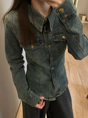 LIZAKOSHT  -  Thin Slim Fit Long Sleeve Denim Shirt Jackets 2025 Spring Autumn New Denim Caot Women Y2k Lapel Neck Single Breasted Blouses