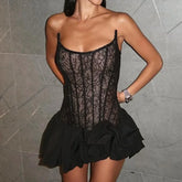 LIZAKOSHT - Black Lace Strapless Dress Women's Sexy Sleeveless Pleated A-Line High Waist Dress Backless Off Shoulder Y2k Party Dress