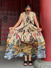 LIZAKOSHT - Loose Print Tube Long Dress For Women O-neck Short Sleeve Draped Casual Robe 2025 Summer Elegant Female Evening Party Dresses