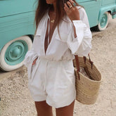 LIZAKOSHT - Holiday Solid Tie-up High Waist Beach Romper Overall All Match V-neck Short Jumpsuit Women Hawaii Long Sleeve Pockets One Piece