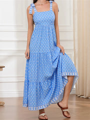 LIZAKOSHT - Women Sleeveless Tie-up Strap Long Maxi Dress Fashion Print High Waist Backless Dress for Summer Female Vestidos